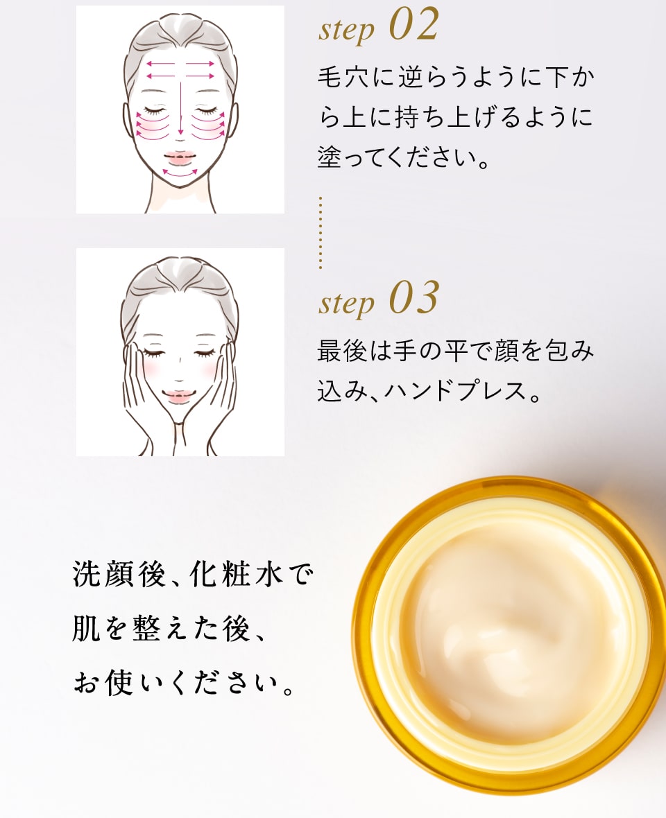 step02 毛穴に逆らうように下から上に持ち上げるように塗ってください。 step03 最後は手の平で顔を包み込み、ハンドプレス。洗顔後、化粧水で肌を整えた後、お使いください。