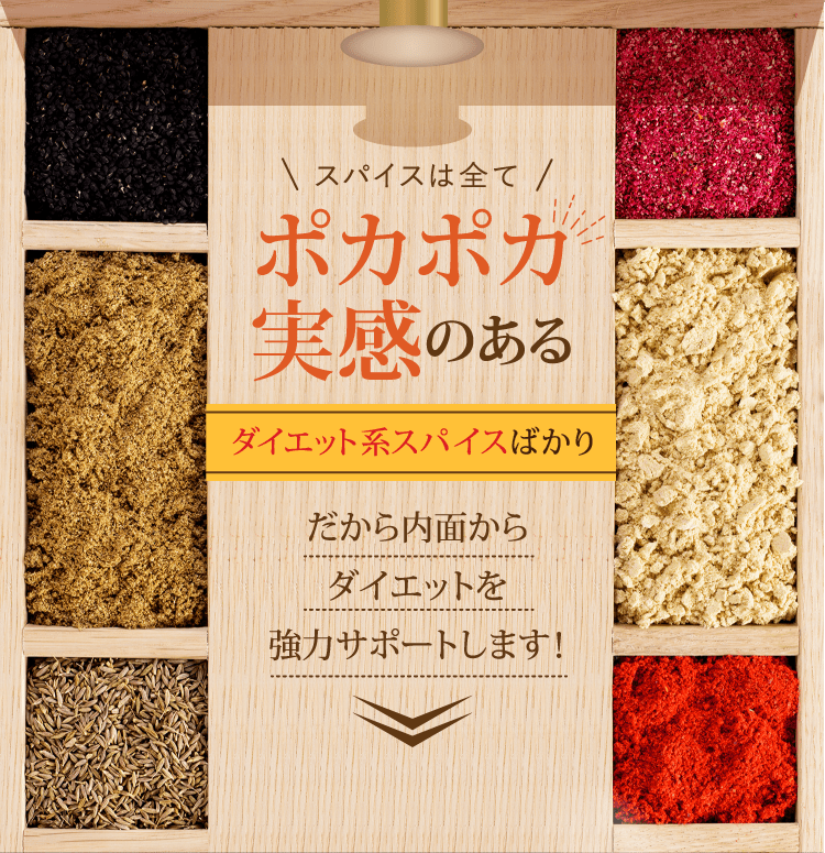 しかもスパイスは全てポカポカ実感のあるダイエット系スパイスばかり だから内面からダイエットを強力サポートします!