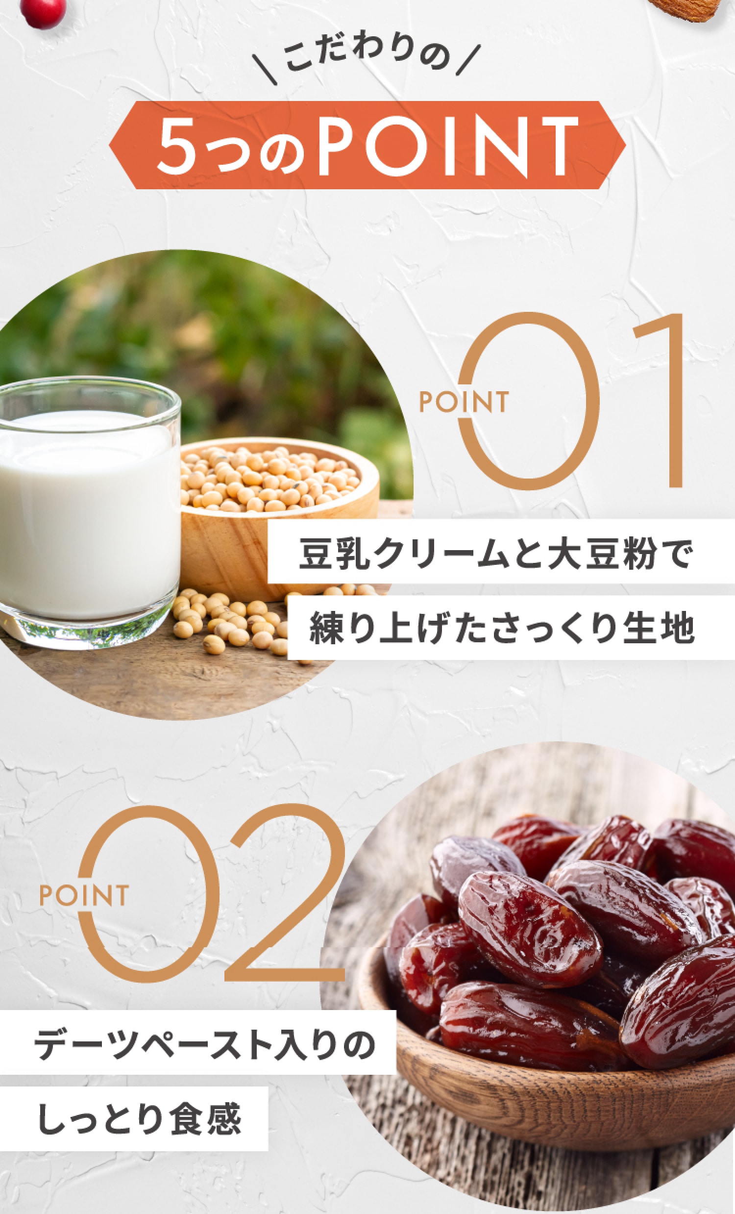 こだわりの5つのPOINT　POINT01豆乳クリームと大豆粉で練り上げたさっくり生地　POINT02デーツペースト入りのしっとり食感