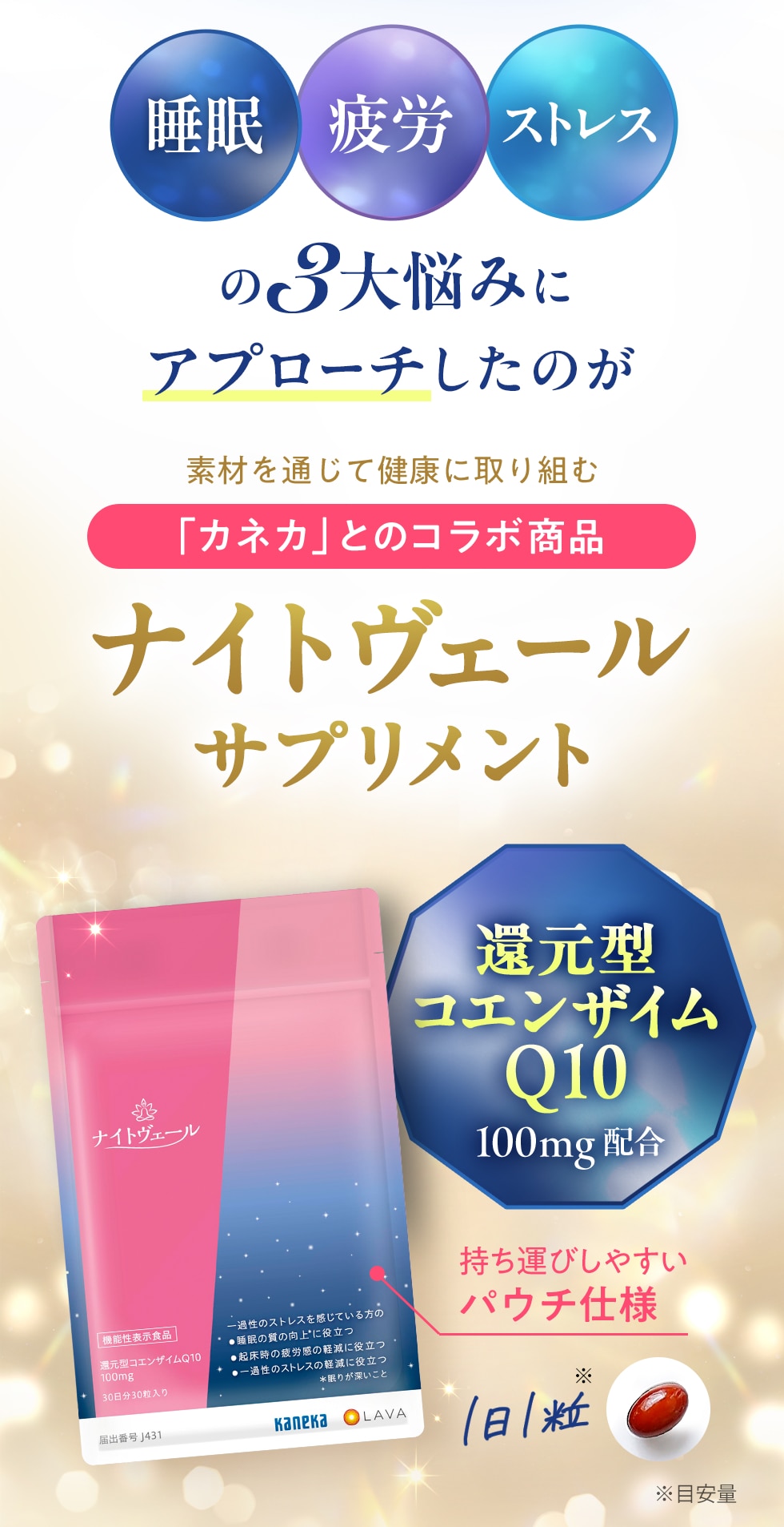 睡眠・疲労・ストレスの3大悩みにアプローチしたのが素材を通じて健康に取り組む「カネカ」とのコラボ商品ナイトヴェールサプリメント