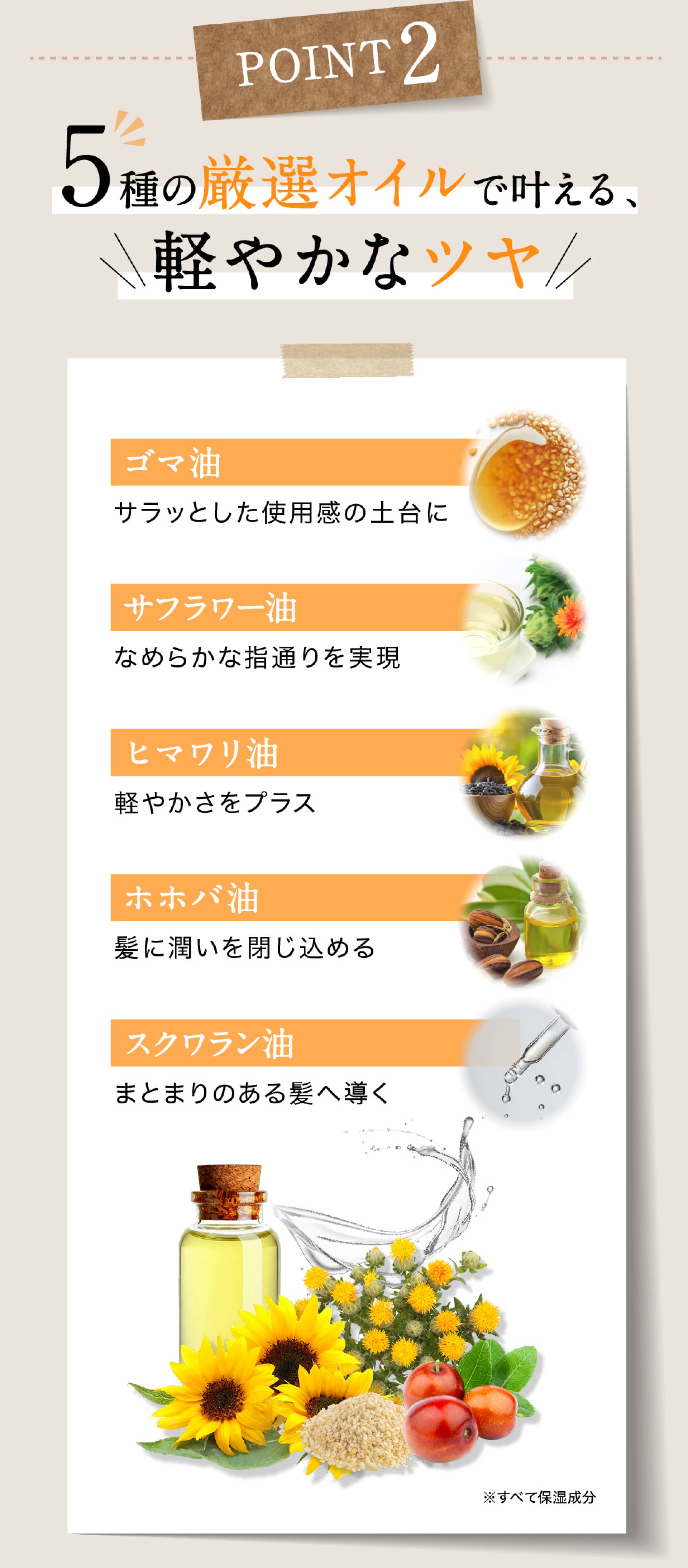Point2 5種の厳選オイルで叶える、軽やかなツヤ